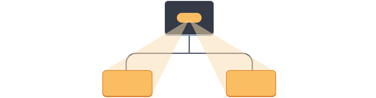 Un diagramme avec un arbre à trois composants. Le parent contient une bulle représentant une valeur surlignée en orange qui est projetée jusqu'aux deux enfants, tous deux surlignées en orange.